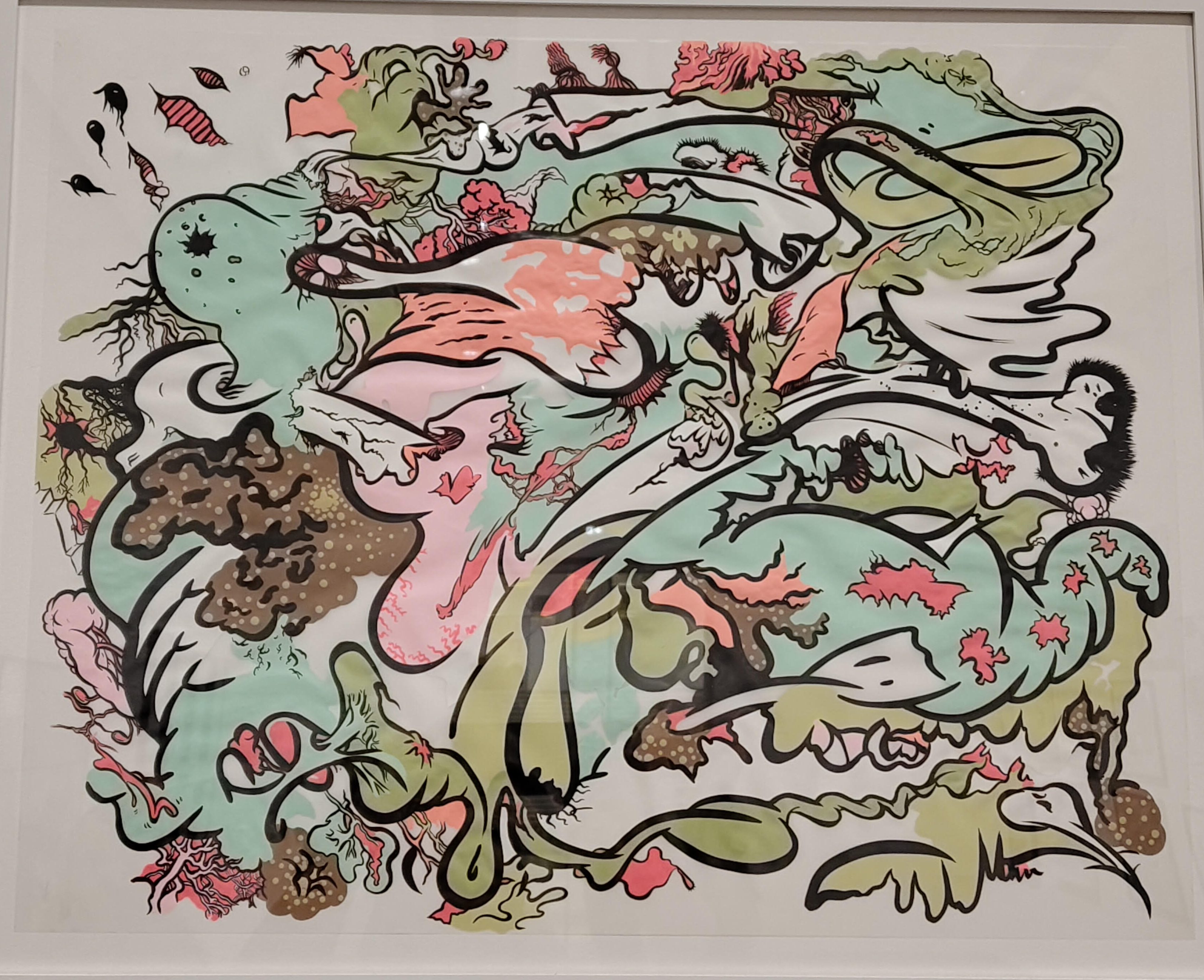 Ein Bild in pastelligen Farben mit vielen bunten Geschlechtsteilen, die auf den ersten blick nicht auffalenn, aber beim zweiten Hinblicken dann doch nicht zu übersehen sind